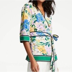 Ann Taylor Women's Green Blooming Garden Floral Kimono Wrap Top Size XL
